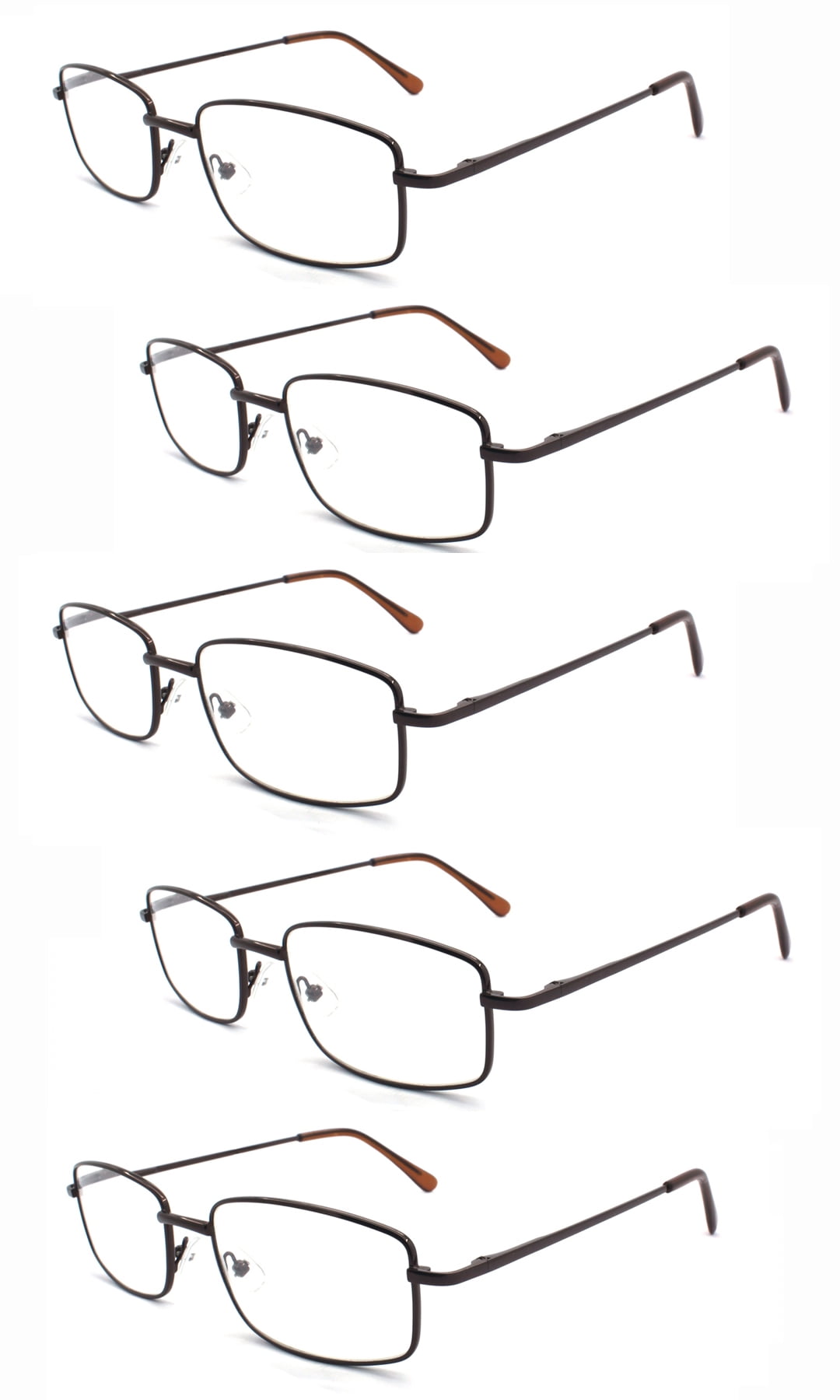 EYE ZOOM 5 Pack Unisex Rectangular Metal Reading Glasses with Spring Hinge, Brown, +350