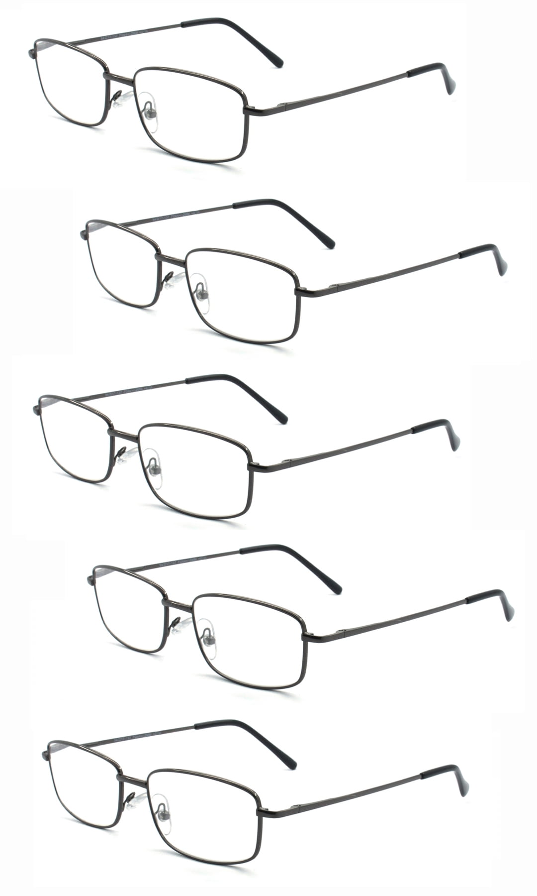 EYE ZOOM 5 Pack Unisex Rectangular Metal Reading Glasses with Spring Hinge, Gunmetal, +200