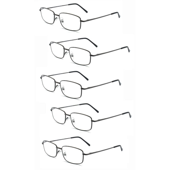 EYE ZOOM 5 Pack Unisex Rectangular Metal Reading Glasses with Spring Hinge, Gunmetal, +250