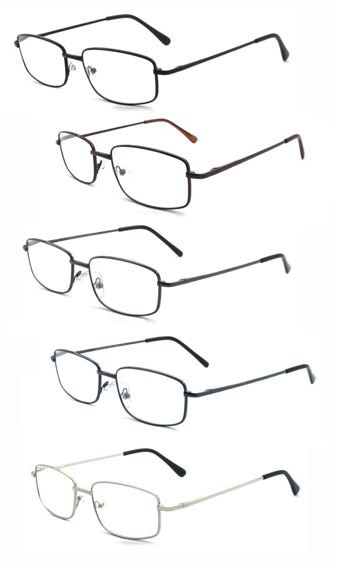 EYE ZOOM 5 Pack Unisex Rectangular Metal Reading Glasses with Spring Hinge, Mul_Color, +225