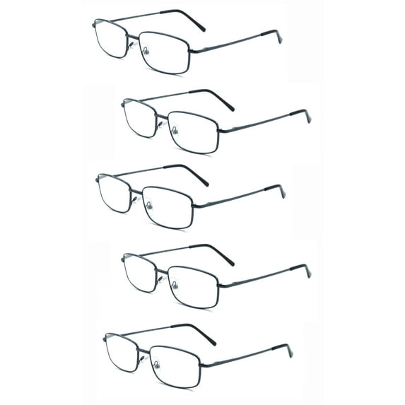EYE ZOOM 5 Pack Unisex Rectangular Metal Reading Glasses with Spring Hinge, Navy Blue, +200