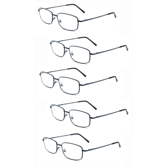 EYE ZOOM 5 Pack Unisex Rectangular Metal Reading Glasses with Spring Hinge, Navy Blue, +250