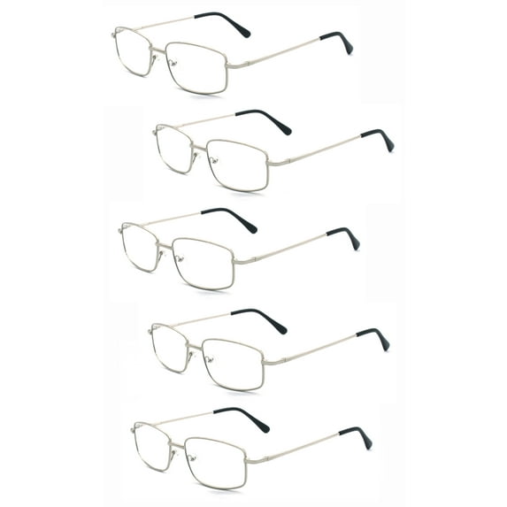 EYE ZOOM 5 Pack Unisex Rectangular Metal Reading Glasses with Spring Hinge, Sliver, +350