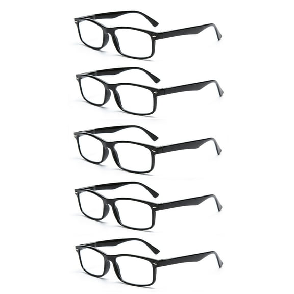 EYE ZOOM 5 Pack Unisex Rectangular Vintage Plastic Frame Reading Glasses for Men and Women, Black, +1.00