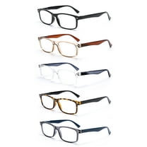 EYE ZOOM 5 Pack Unisex Rectangular Vintage Plastic Frame Reading Glasses for Men and Women, Black, Browm, Clear, Gray, and Tortoise, 3.50