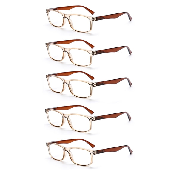 EYE ZOOM 5 Pack Unisex Rectangular Vintage Plastic Frame Reading Glasses for Men and Women, Brown, +2.25