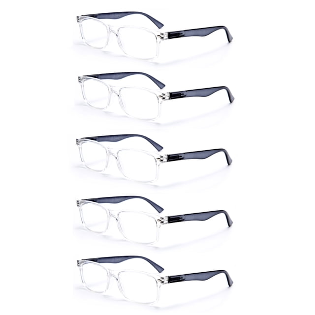 EYE ZOOM 5 Pack Unisex Rectangular Vintage Plastic Frame Reading Glasses for Men and Women, Clear, +2.50