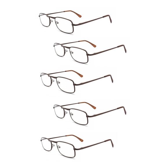 EYE ZOOM 5 Pack Unisex Vantage Metal Reading Glasses with Spring Hinge, Brown, +100