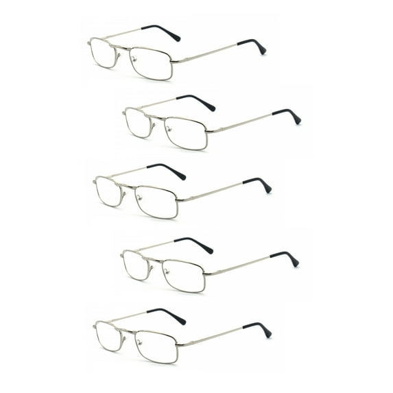 EYE ZOOM 5 Pack Unisex Vantage Metal Reading Glasses with Spring Hinge, Sliver, +200