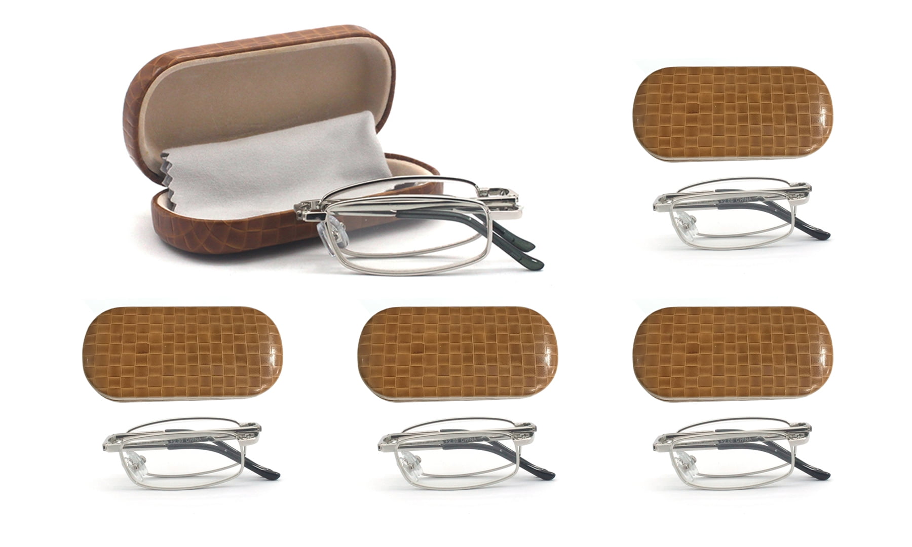 EYE ZOOM 5 Pairs Compact Rectangular Metal Folding Reading Glasses with Case, Silver, +1.25 Strength