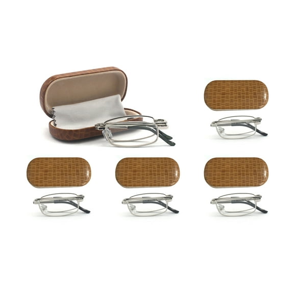 EYE ZOOM 5 Pairs Compact Rectangular Metal Folding Reading Glasses with Case, Silver, +3.50 Strength