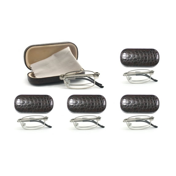 EYE ZOOM 5 Pairs Compact Rectangular Metal Folding Reading Glasses with Case, Silver, +1.50 Strength