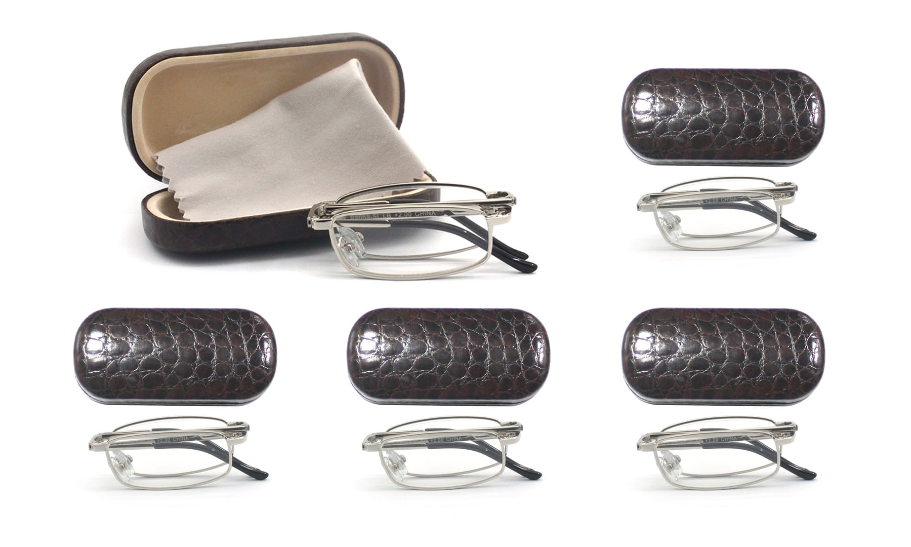 EYE ZOOM 5 Pairs Compact Rectangular Metal Folding Reading Glasses with Case, Silver, +2.00 Strength