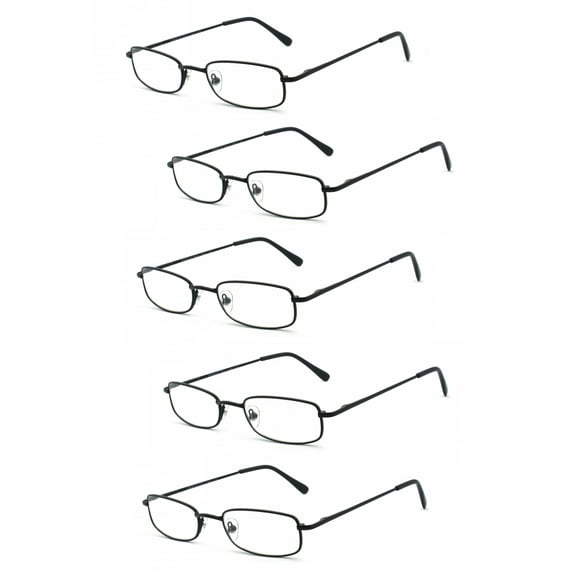 EYE ZOOM 5 Pairs Unisex Classic Rectangular Metal Frame Reading Glasses, Black, +2.00