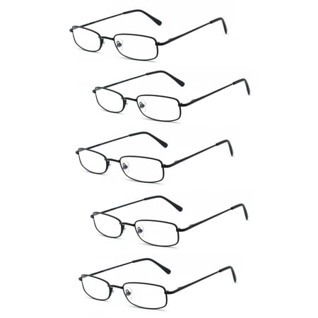 EYE ZOOM 5 Pairs Unisex Classic Rectangular Metal Frame Reading Glasses, Black, +2.25