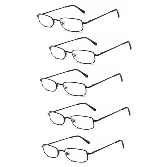 EYE ZOOM 5 Pairs Unisex Classic Rectangular Metal Frame Reading Glasses, Black, +2.25