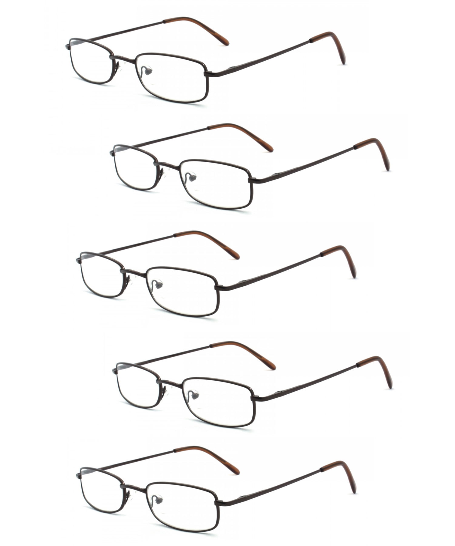 EYE ZOOM 5 Pairs Unisex Classic Rectangular Metal Frame Reading Glasses, Brown, +1.50