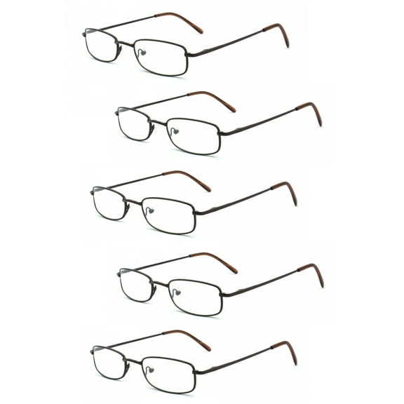 EYE ZOOM 5 Pairs Unisex Classic Rectangular Metal Frame Reading Glasses, Brown, +1.50