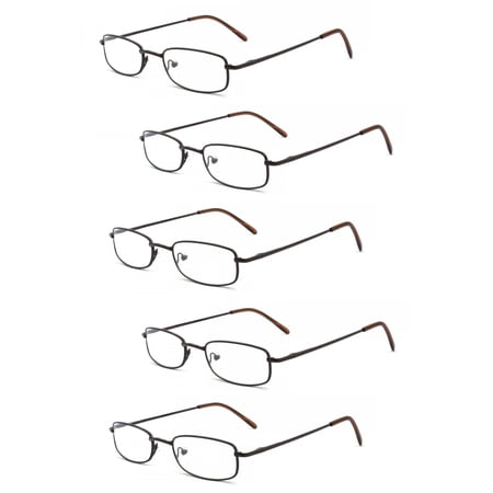 EYE ZOOM 5 Pairs Unisex Classic Rectangular Metal Frame Reading Glasses, Brown, +2.25