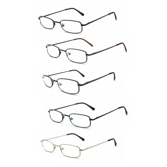 EYE ZOOM 5 Pairs Unisex Classic Rectangular Metal Frame Reading Glasses, Mul-color+1.25