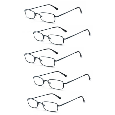 EYE ZOOM 5 Pairs Unisex Classic Rectangular Metal Frame Reading Glasses, Navy Blue, +2.25