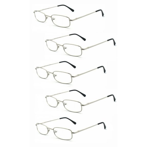 EYE ZOOM 5 Pairs Unisex Classic Rectangular Metal Frame Reading Glasses, Sliver, +1.50