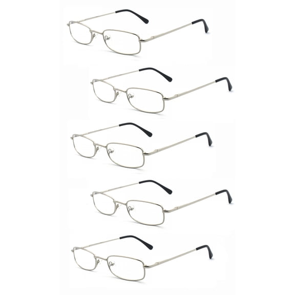EYE ZOOM 5 Pairs Unisex Classic Rectangular Metal Frame Reading Glasses, Sliver, +2.25