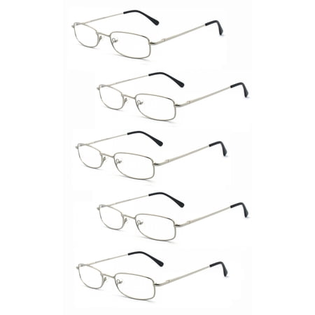 EYE ZOOM 5 Pairs Unisex Classic Rectangular Metal Frame Reading Glasses, Sliver, +3.50