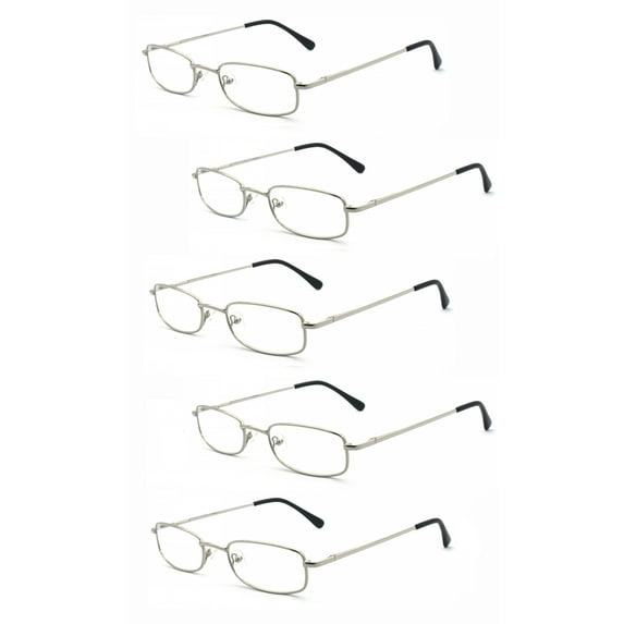 EYE ZOOM 5 Pairs Unisex Classic Rectangular Metal Frame Reading Glasses, Sliver, +3.50