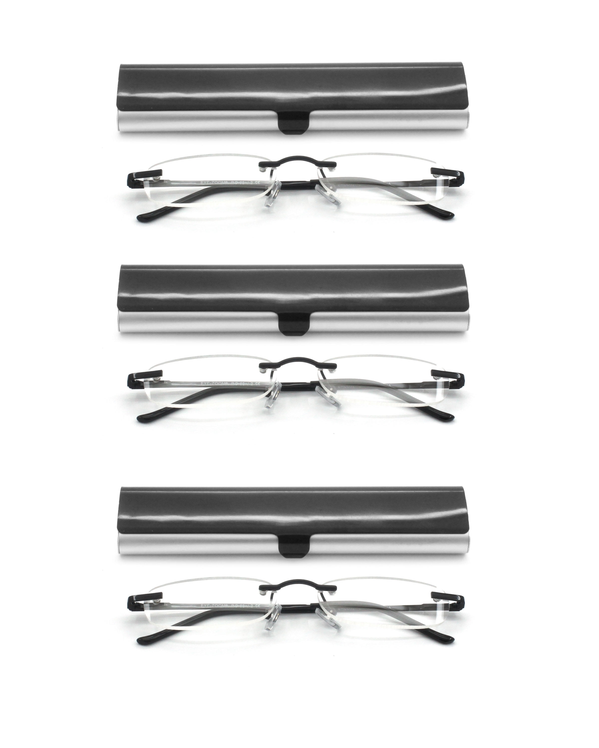 EYE ZOOM Compact 3 Pack Rimless Reading Glasses with Slim Black and Silver Case for Men and Women, +1.25