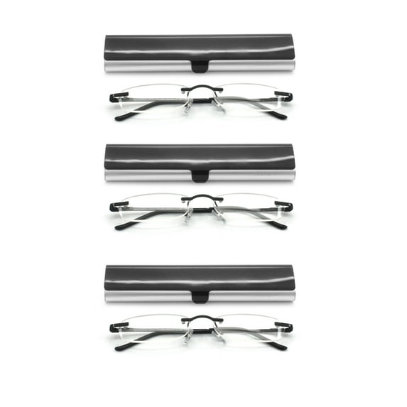 EYE ZOOM Compact 3 Pack Rimless Reading Glasses with Slim Black and Silver Case for Men and Women, +2.00