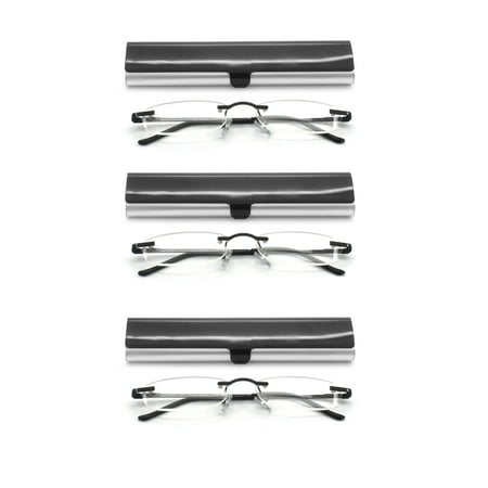 EYE ZOOM Compact 3 Pack Rimless Reading Glasses with Slim Black and Silver Case for Men and Women, +2.75