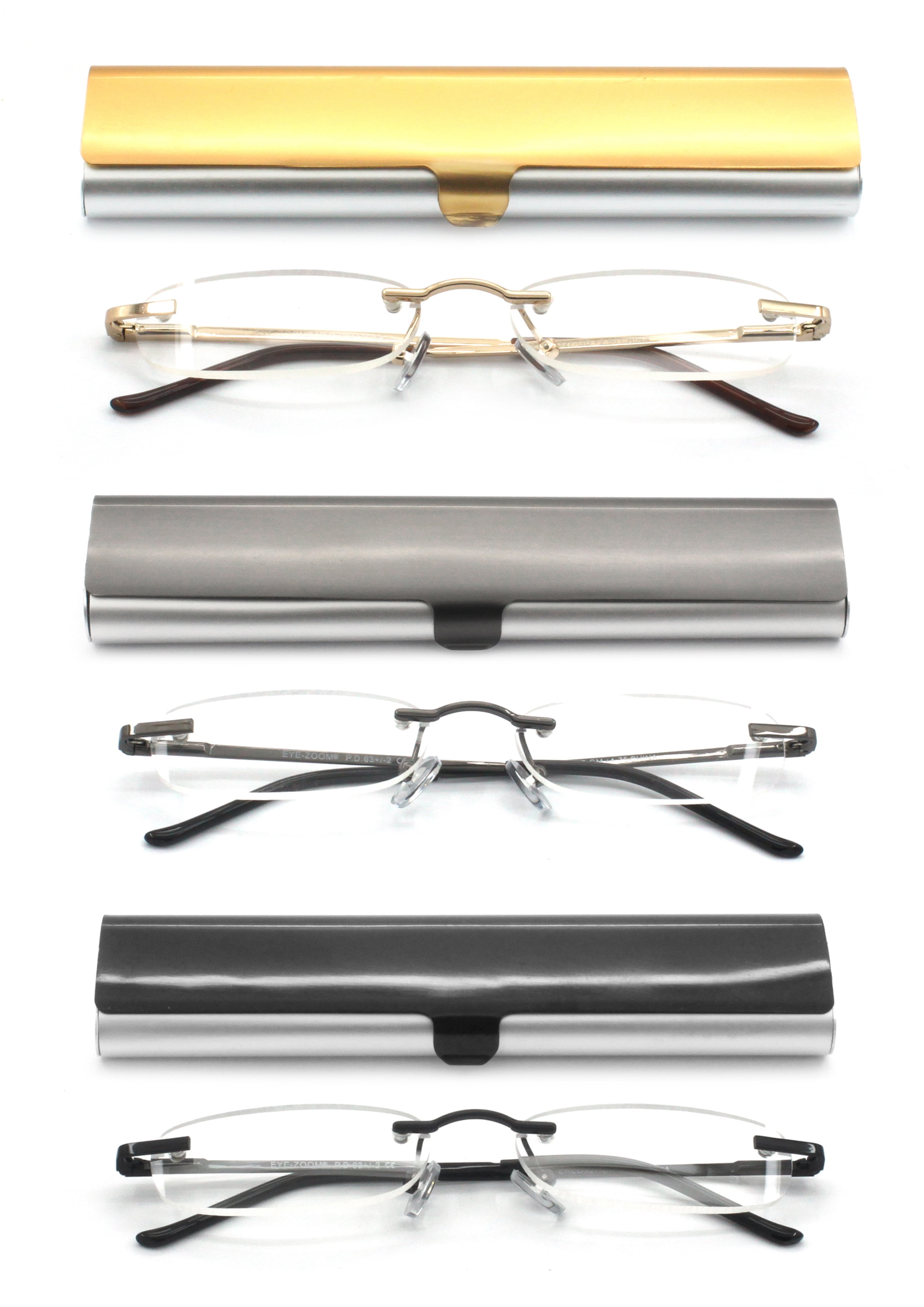 EYE ZOOM Compact 3 Pack Rimless Reading Glasses with Slim Case for Men and Women, Black, Gold and Gunmetal, +3.00