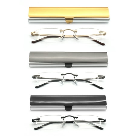 EYE ZOOM Compact 3 Pack Rimless Reading Glasses with Slim Case for Men and Women, Black, Gold and Gunmetal, +3.50