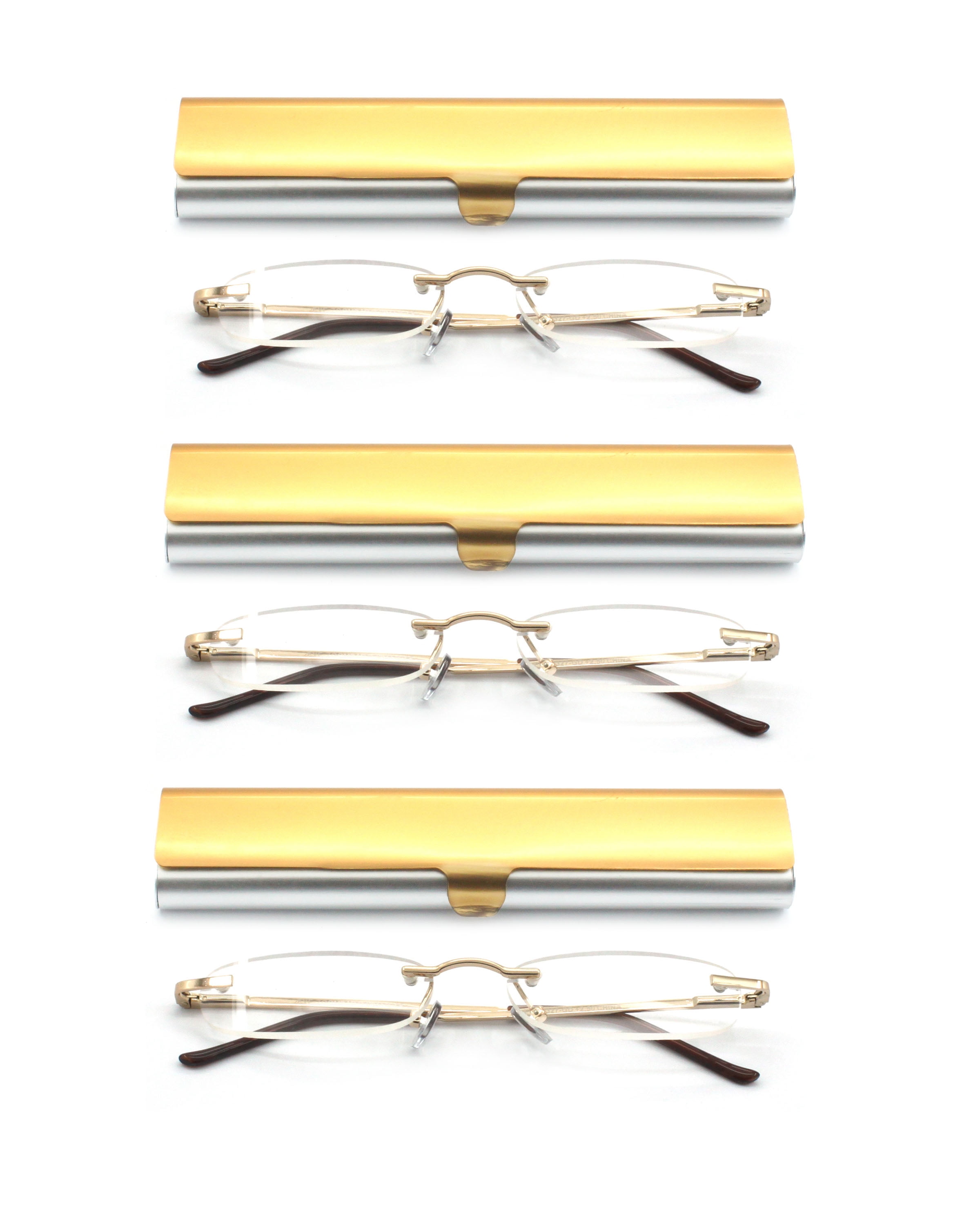 EYE ZOOM Compact 3 Pack Rimless Reading Glasses with Slim Gold and Silver Case for Men and Women, +3.00