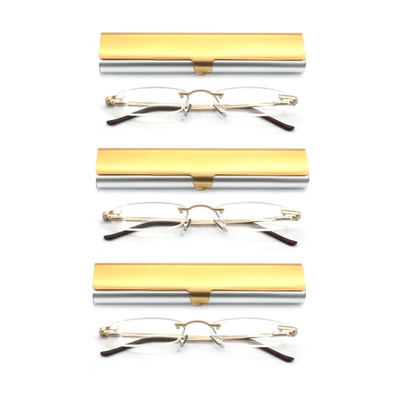 EYE ZOOM Compact 3 Pack Rimless Reading Glasses with Slim Gold and Silver Case for Men and Women, +3.50