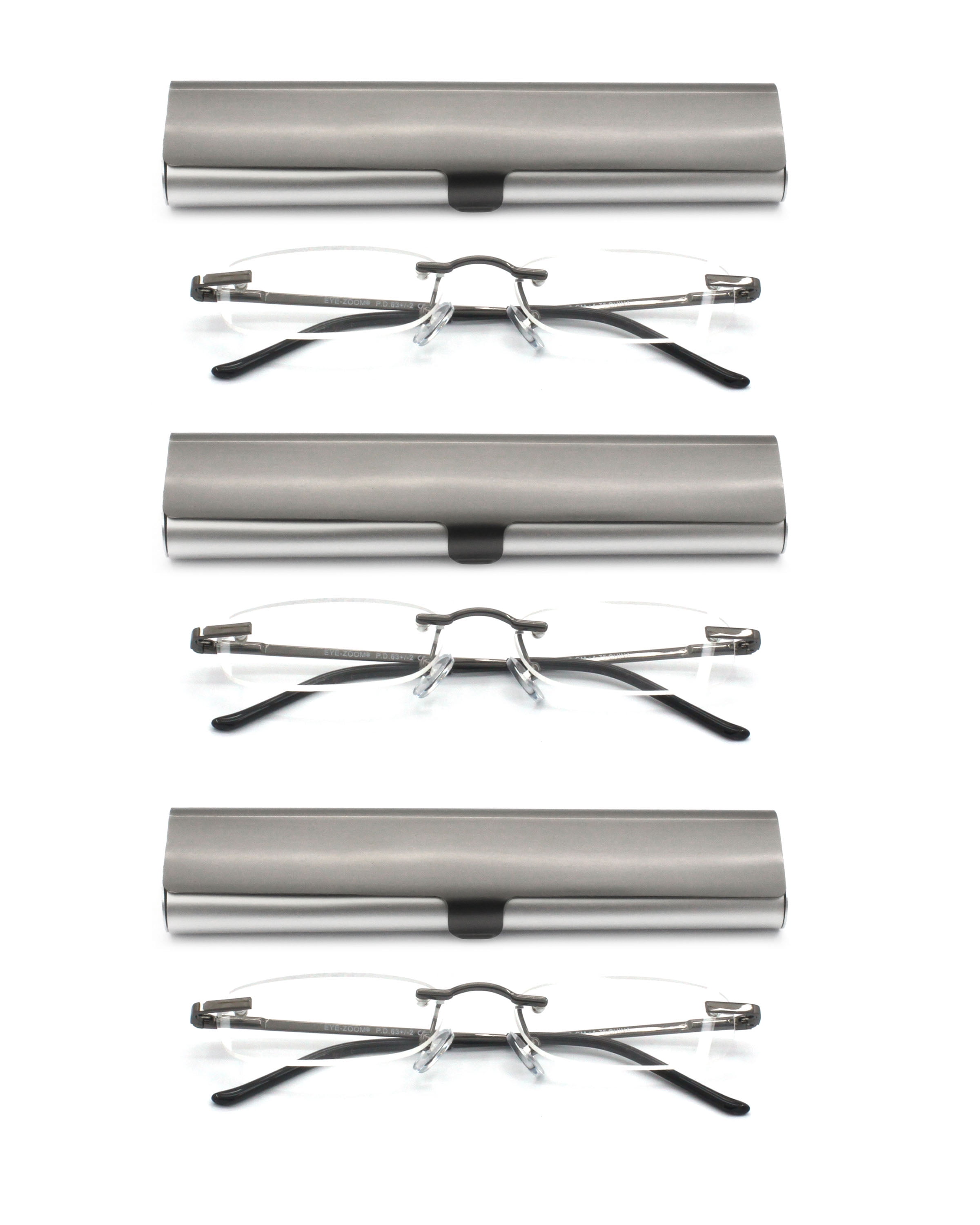 EYE ZOOM Compact 3 Pack Rimless Reading Glasses with Slim Gun and Silver Case for Men and Women, +3.00