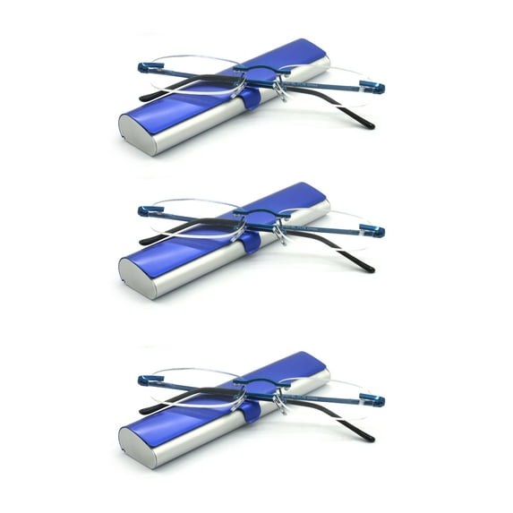 EYE ZOOM Compact 3 Pack Rimless Reading Glasses with Slim Navy Blue and Silver Case for Men and Women, +2.50