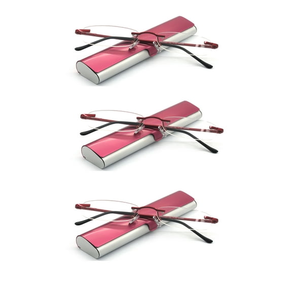 EYE ZOOM Compact 3 Pack Rimless Reading Glasses with Slim Wine Red and Silver Case for Men and Women, +1.00