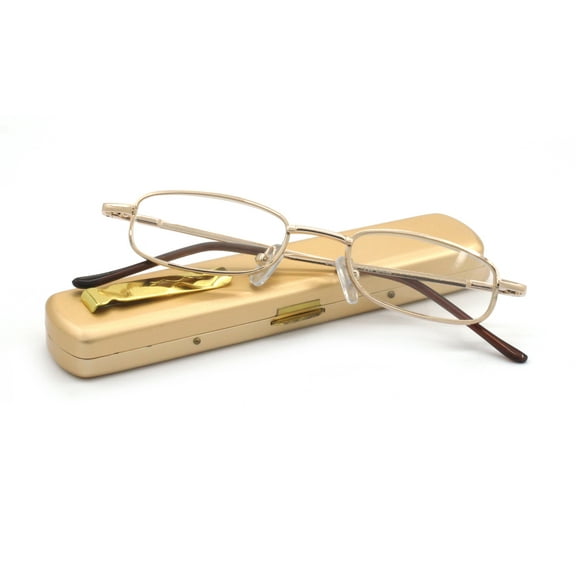 EYE ZOOM Compact Light Metal Portable Reading Glasses with Pocket Hard Case for Men and Women, Gold, +3.50