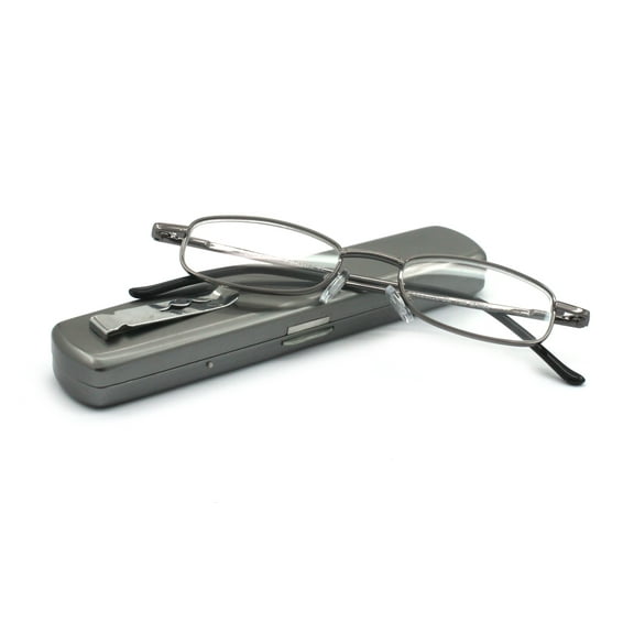 EYE ZOOM Compact Light Metal Portable Reading Glasses with Pocket Hard Case for Men and Women, Gunmetal, +1.25