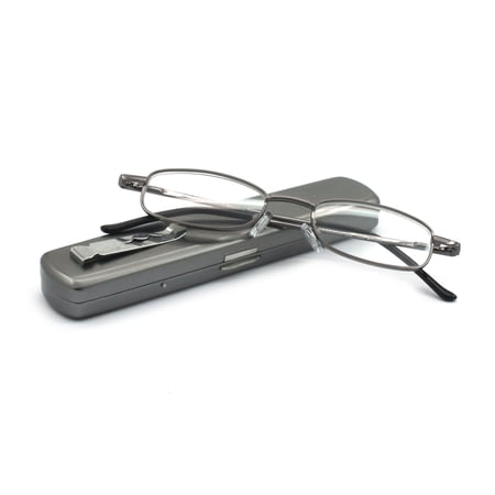 EYE ZOOM Compact Light Metal Portable Reading Glasses with Pocket Hard Case for Men and Women, Gunmetal, +2.75