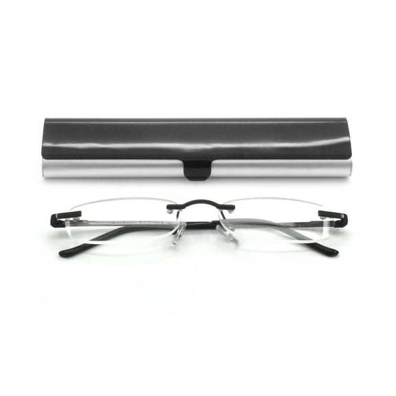EYE ZOOM Compact Rimless Reading Glasses with Slim Black and Silver Case for Men and Women, +3.00