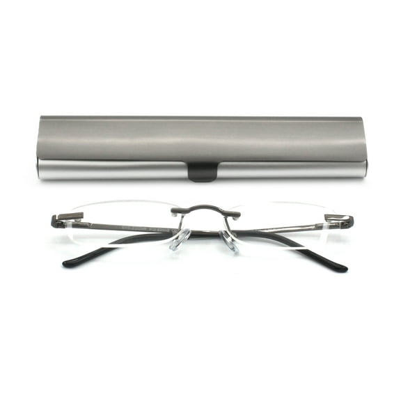 EYE ZOOM Compact Rimless Reading Glasses with Slim Gun and Silver Case for Men and Women, +3.00