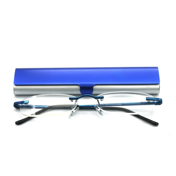 EYE ZOOM Compact Rimless Reading Glasses with Slim Navy Blue and Silver Case for Men and Women, +2.50