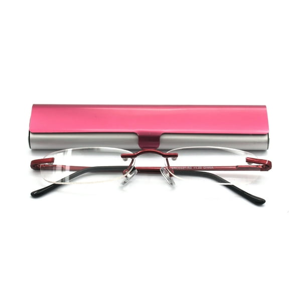 EYE ZOOM Compact Rimless Reading Glasses with Slim Wine Red and Silver Case for Men and Women, +1.00