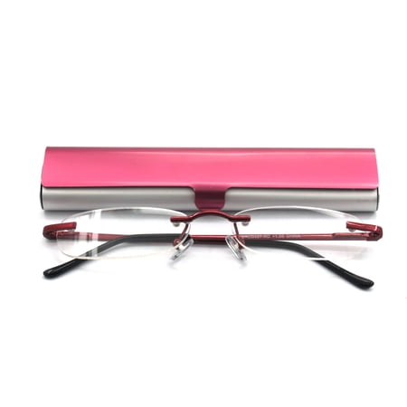 EYE ZOOM Compact Rimless Reading Glasses with Slim Wine Red and Silver Case for Men and Women, +2.75