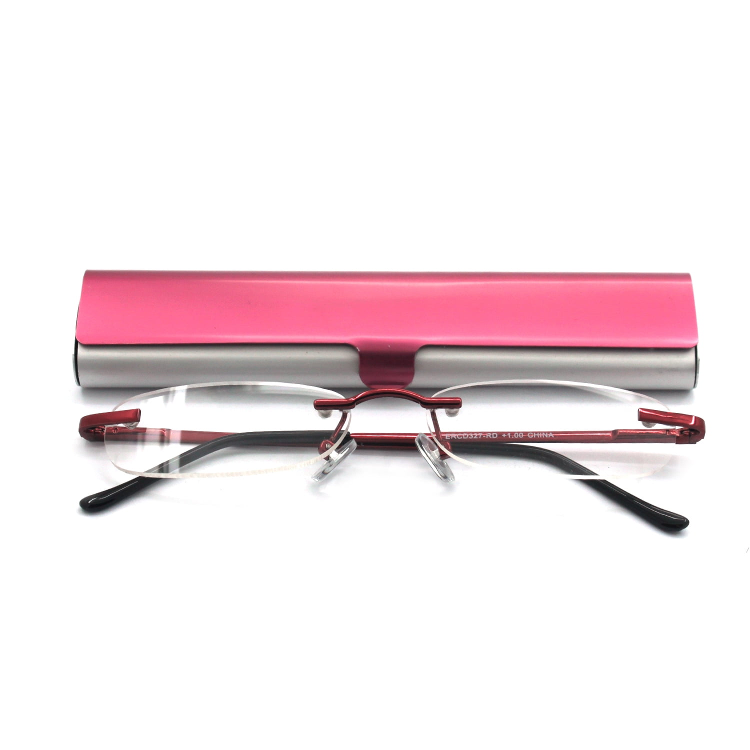 EYE ZOOM Compact Rimless Reading Glasses with Slim Wine Red and Silver Case for Men and Women, +3.00