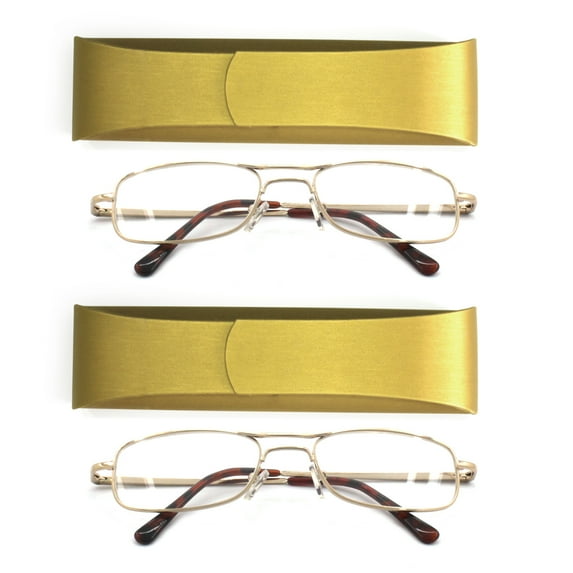 EYE ZOOM Reading Glasses 2 Pack Extra Wild Metal Readers Spring Hinge with Hard Case for Men and Women (Gold, Strength + 1.00)