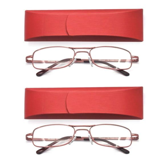 EYE ZOOM Reading Glasses 2 Pack Extra Wild Metal Readers Spring Hinge with Hard Case for Men and Women (Red, Strength + 2.00)